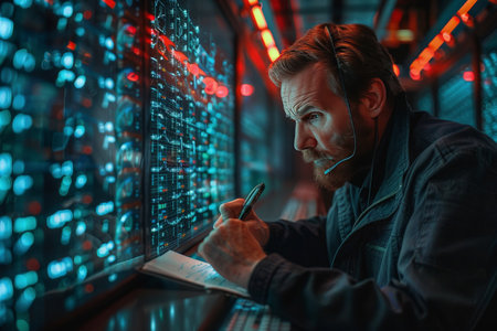 Professional it specialist using device writing code computer network maintenance, AI Generatedの素材