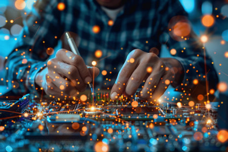 Professional it specialist using device writing code computer network maintenance, AI Generatedの素材