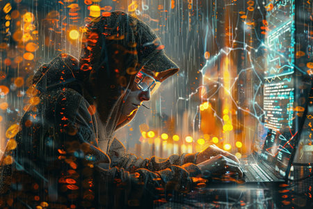 Professional it specialist using device writing code computer network maintenance, AI Generatedの素材