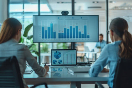 Businessmen sit in a meeting and analyze profits with graphs displayed on a screen in the office.の素材