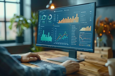 An analyst uses a computer and dashboard for data business analysis sales, and marketing.の素材