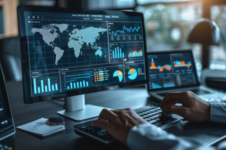 An analyst uses a computer and dashboard for data business analysis sales, and marketing.の素材