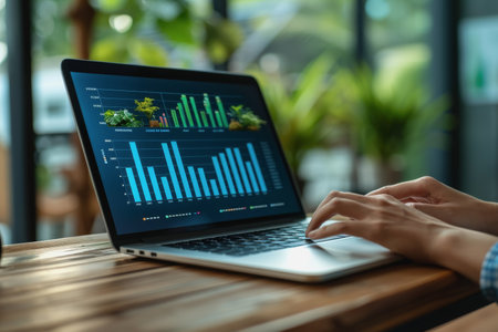 business man hand working on laptop computer financial with graphic graph chart diagram AI Generatedの素材