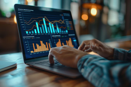 business man hand working on laptop computer financial with graphic graph chart diagram AI Generatedの素材