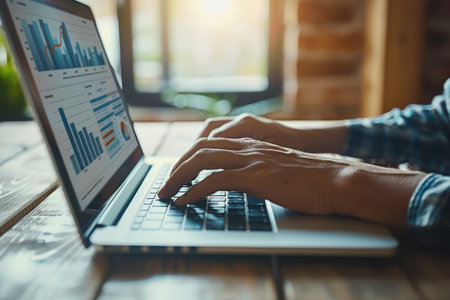 business man hand working on laptop computer financial with graphic graph chart diagram AI Generatedの素材