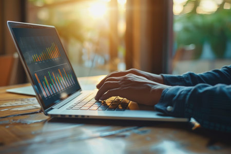 business man hand working on laptop computer financial with graphic graph chart diagram AI Generatedの素材