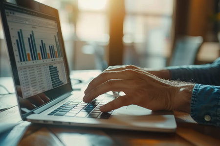 business man hand working on laptop computer financial with graphic graph chart diagram AI Generatedの素材