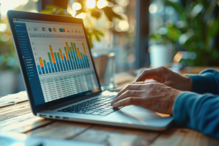 business man hand working on laptop computer financial with graphic graph chart diagram AI Generatedの素材