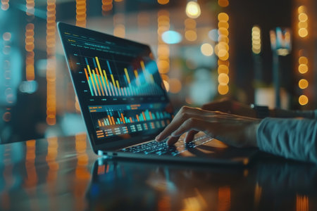 business man hand working on laptop computer financial with graphic graph chart diagram AI Generatedの素材