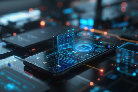 Mobile technology with text "AI" on screen, abstract background technology. AI Generatedの素材