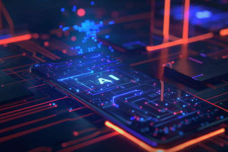 Mobile technology with text "AI" on screen, abstract background technology. AI Generatedの素材
