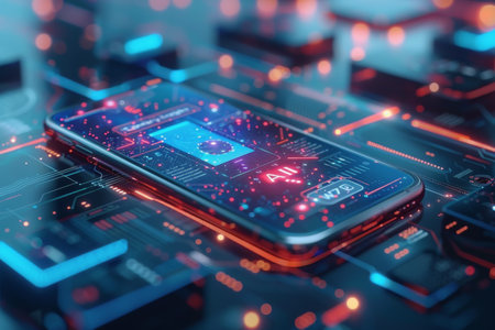 Mobile technology with text "AI" on screen, abstract background technology. AI Generatedの素材