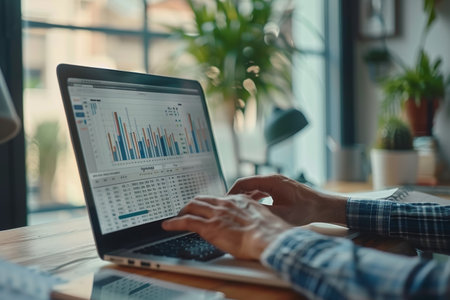 business man hand working on laptop computer financial with graphic graph chart diagram AI Generatedの素材