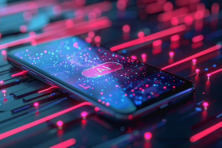 Mobile technology with text "AI" on screen, abstract background technology. AI Generatedの素材