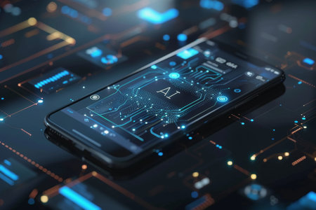 Mobile technology with text "AI" on screen, abstract background technology. AI Generatedの素材