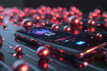 Mobile technology with text "AI" on screen, abstract background technology. AI Generatedの素材