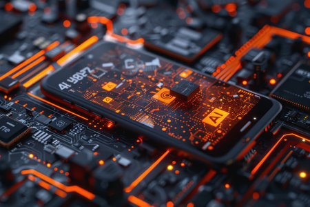 Mobile technology with text "AI" on screen, abstract background technology. AI Generatedの素材