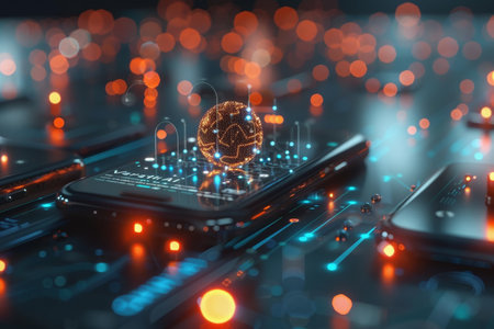 Mobile technology with text "AI" on screen, abstract background technology. AI Generatedの素材