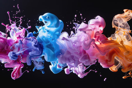 A splash of color paint, water, or smoke on a black background, or abstract pattern, AI Generatedの素材