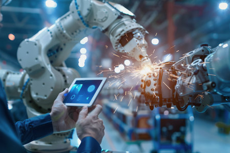 An engineer uses a digital tablet to control a robotic arm in a high-tech industrial environment.の素材