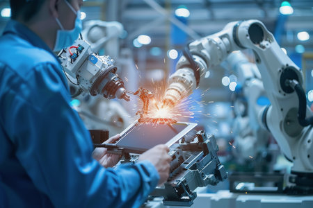 An engineer uses a digital tablet to control a robotic arm in a high-tech industrial environment.の素材