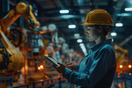 An engineer uses a digital tablet to control a robotic arm in a high-tech industrial environment.の素材