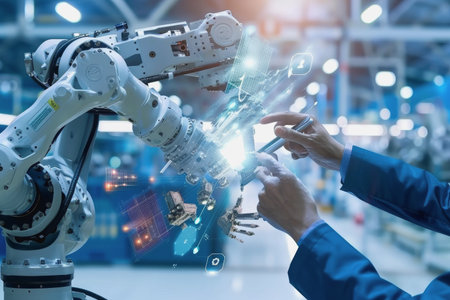 An engineer uses a digital tablet to control a robotic arm in a high-tech industrial environment.の素材