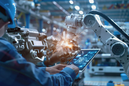 An engineer uses a digital tablet to control a robotic arm in a high-tech industrial environment.の素材