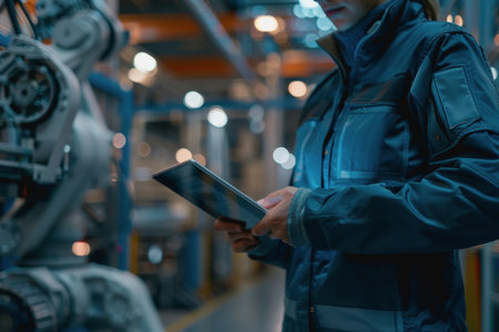 An engineer uses a digital tablet to control a robotic arm in a high-tech industrial environment.の素材