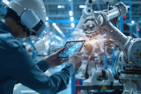 An engineer uses a digital tablet to control a robotic arm in a high-tech industrial environment.の素材