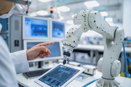 An engineer uses a digital tablet to control a robotic arm in a high-tech industrial environment.の素材