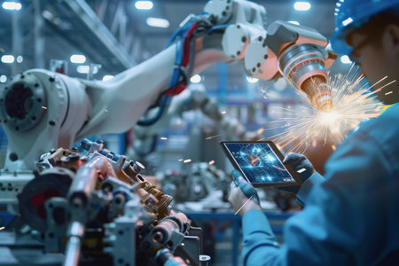 An engineer uses a digital tablet to control a robotic arm in a high-tech industrial environment.の素材