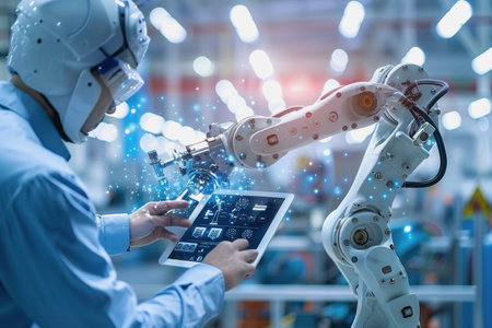 An engineer uses a digital tablet to control a robotic arm in a high-tech industrial environment.の素材