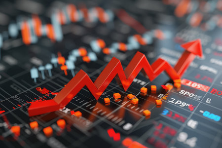 Financial crisis down 3d red arrow economy business graph on money crash market background.の素材