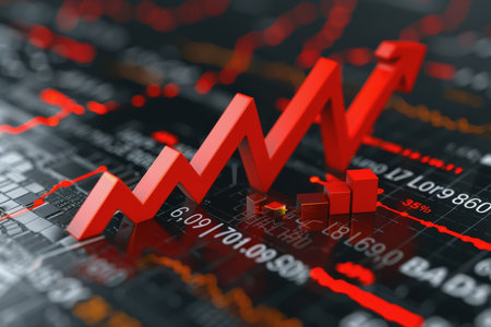 Financial crisis down 3d red arrow economy business graph on money crash market background.の素材