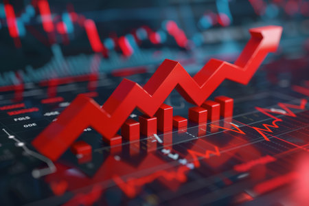 Financial crisis down 3d red arrow economy business graph on money crash market background.の素材