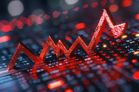 Financial crisis down 3d red arrow economy business graph on money crash market background.の素材