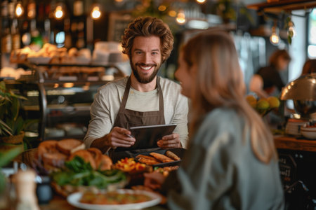 Happy waiter holding a tablet with a woman while taking her order in a cafe. AI Generatedの素材
