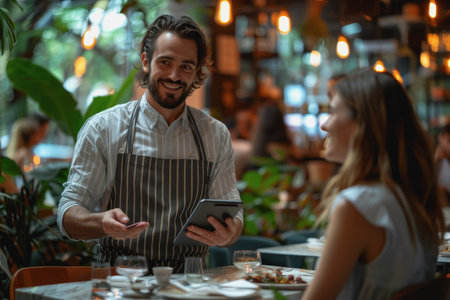 Happy waiter holding a tablet with a woman while taking her order in a cafe. AI Generatedの素材