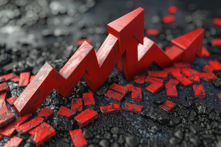 Financial crisis down 3d red arrow economy business graph on money crash market background.の素材