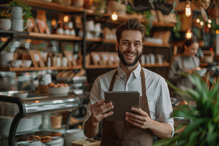 Happy waiter holding a tablet with a woman while taking her order in a cafe. AI Generatedの素材