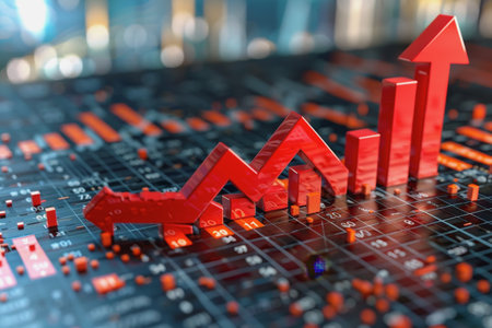 Financial crisis down 3d red arrow economy business graph on money crash market background.の素材