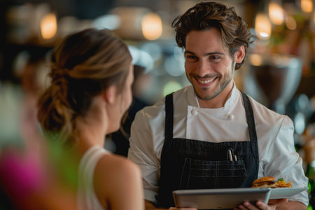 Happy waiter holding a tablet with a woman while taking her order in a cafe. AI Generatedの素材