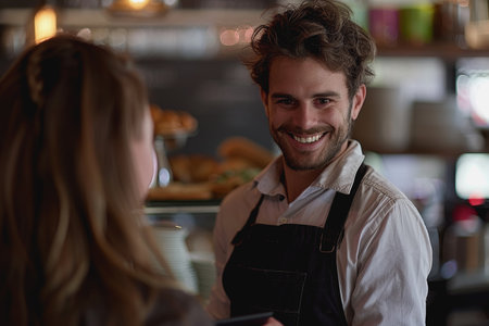 Happy waiter holding a tablet with a woman while taking her order in a cafe. AI Generatedの素材
