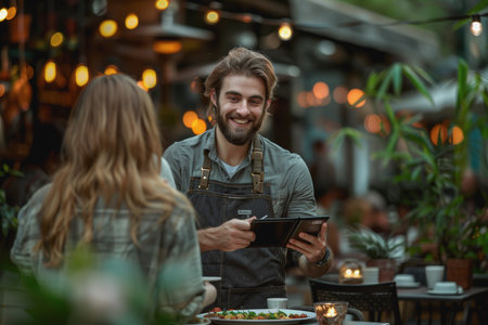 Happy waiter holding a tablet with a woman while taking her order in a cafe. AI Generatedの素材