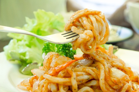 Look alike spaghetti, Fired U-dong with shrimp の写真素材