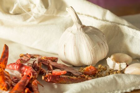 Stil life Thai seasoning, garlic and dry chili の写真素材