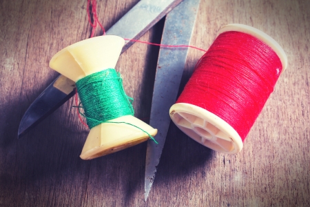 Vintage color thread with scissors の写真素材