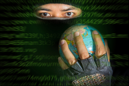 Robber man holding globe in hand with green digital code screen.