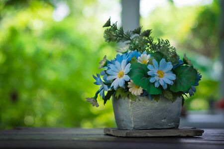 Blue flowers in stone vase,still life.の写真素材